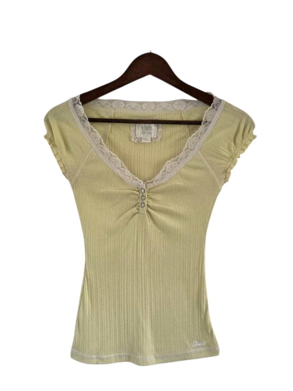 Guess Jeans Yellow Ribbed Y2k Babydoll Top Bella Swan Size S